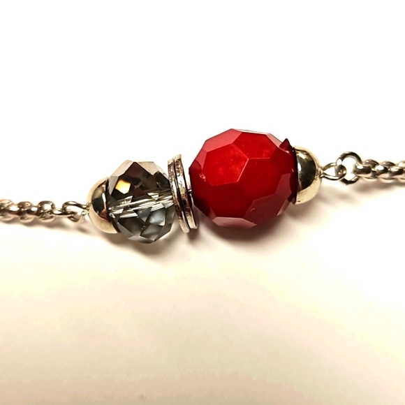 Vintage 80s Jules Long Necklace Lariet Style Red Beads & Smokey Quartz Crystals - Picture 8 of 16